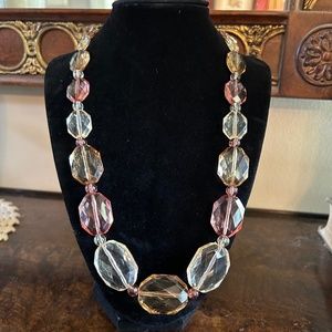 Faceted Beaded Necklace in pink, champagne, and clear tones. Silver toned clasp